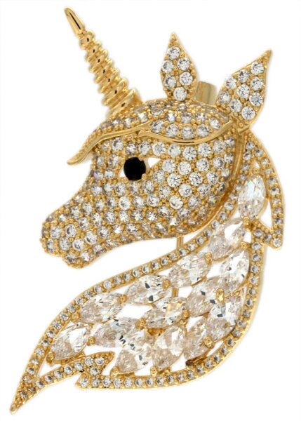 Brosche Einhorn goldfarben und mit vielen weissen Strass Steinen BR017