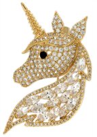 Brosche Einhorn goldfarben und mit vielen weissen Strass...