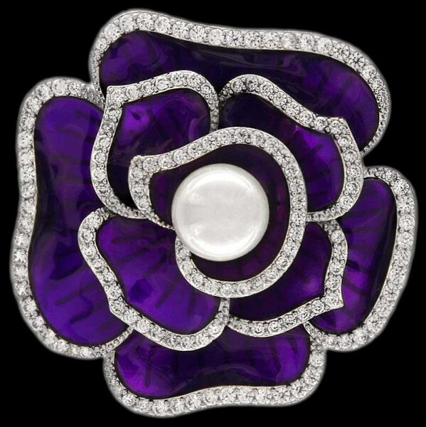 Brosche Blume silberfarben mit einer Perle und vielen weissen Strass Steinen BR015