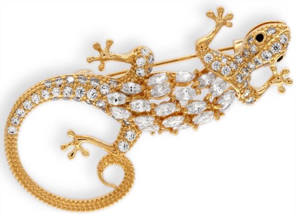 Brosche Gecko goldfarben mit weissen Strass Steinen BR011