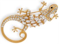 Brosche Gecko goldfarben mit weissen Strass Steinen BR011