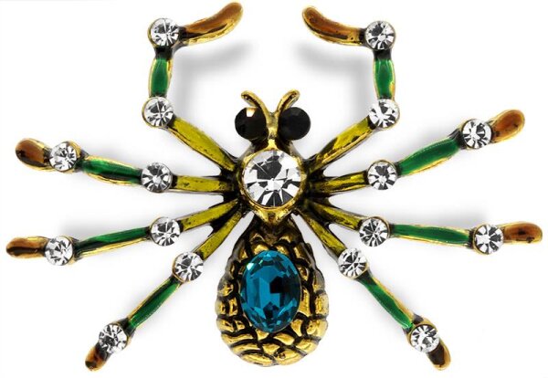 Brosche Spinne goldfarben mit blauem, schwarzen und weissen Strass Steinen BR010