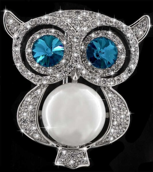 Brosche Eule silberfarben mit einer Perle, blauen und vielen weissen Strass Steinen BR042