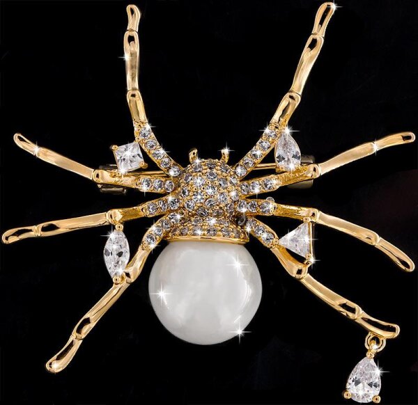 Brosche Spinne goldfarben mit Perle als Körper und vielen weissen Strass Steinen BR046
