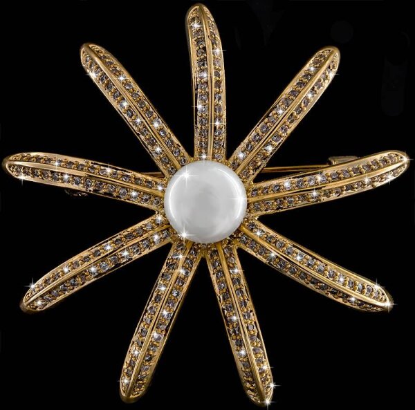 Brosche Blatt silberfarben mit einer Perle und vielen weissen Strass Steinen BR044