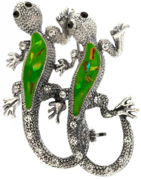 Brosche Gecko silberfarben mit weissen und schwarzen Strass Steinen BR009