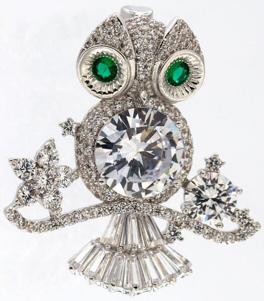 Brosche Eule silberfarben mit weissen und grünen Strass Steinen BR007