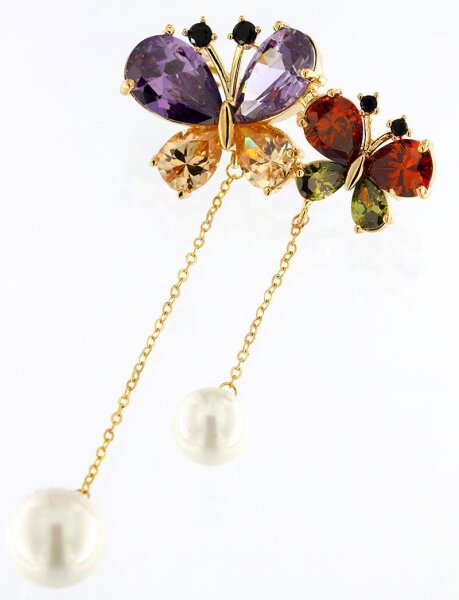 Brosche Schmetterling goldfarben mit bunten Strass Steinen und Perlen BR005