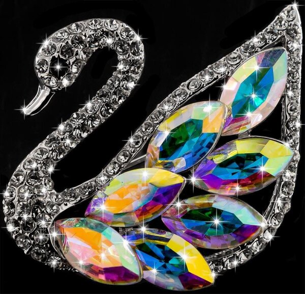 Brosche Schwan silberfarben mit bunten Kristallen als Federn und vielen weissen Strass Steinen BR055