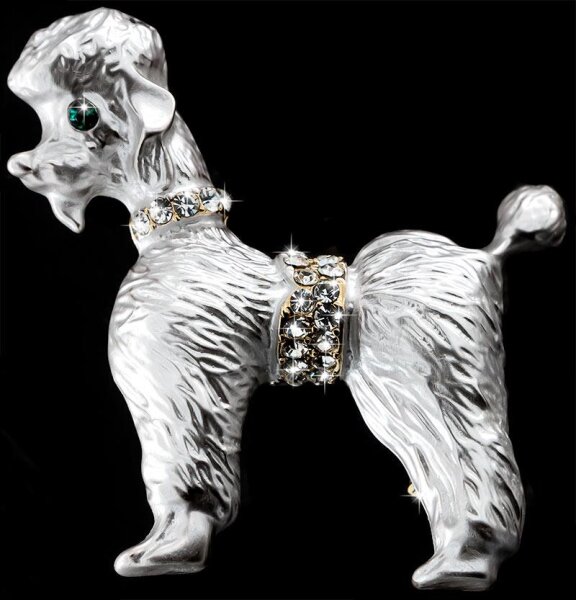Brosche Pudel silberfarben mit goldenen Details, grünem und vielen weissen Strass Steinen BR054