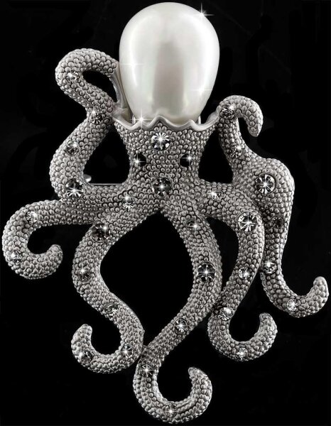 Brosche Oktopus / Krake silberfarben mit einer Perle als Kopf und weissen Strass Steinen BR052