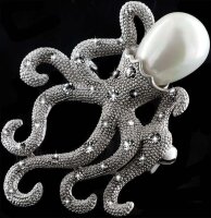 Brosche Oktopus / Krake silberfarben mit einer Perle als...