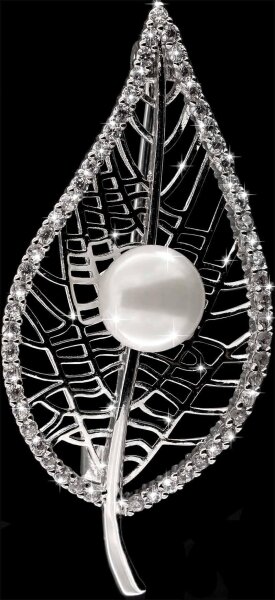 Brosche Blatt silberfarben mit einer Perle und vielen weissen Strass Steinen BR051