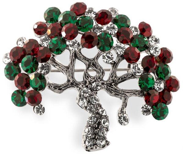 Brosche Baum silberfarben mit grünen und roten Strass Steinen BR007