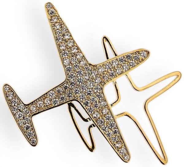 Brosche Flugzeug goldfarben mit vielen weißen Strass Steinen BR009