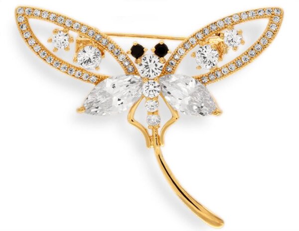 Brosche Libelle goldfarben und mit vielen weissen Strass Steinen BR016