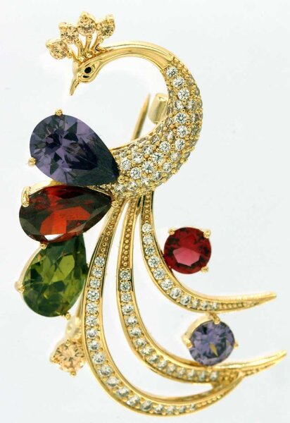 Brosche Pfau golfarben mit verschieden bunten Steinen und Strass BR001