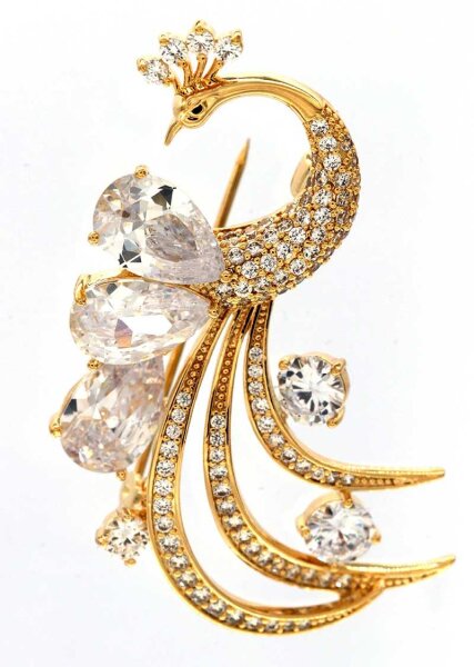 Brosche Pfau goldfarben mit weissen Strass Steinen BR002