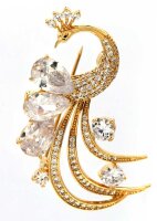 Brosche Pfau goldfarben mit weissen Strass Steinen BR002