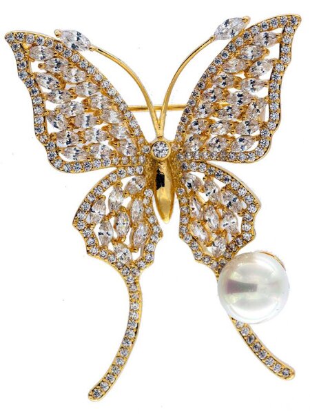 Brosche Schmetterling golfarben mit weissen Strass Steinen und Perle BR003