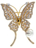 Brosche Schmetterling golfarben mit weissen Strass...