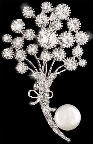Brosche Blumenstrauß silberfarben mit einer Perle und vielen weissen Strass Steinen BR019