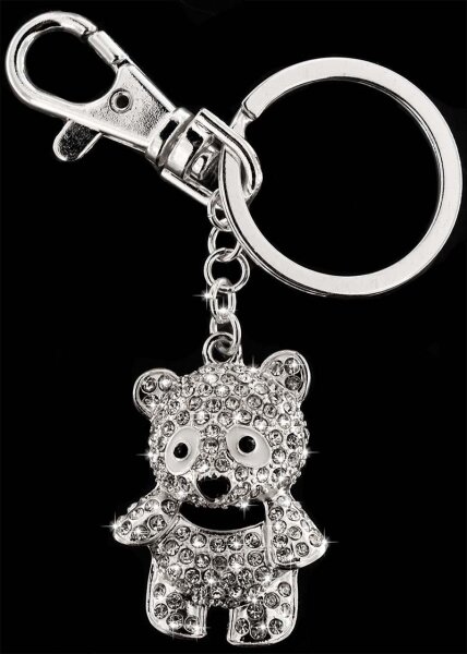 Anhänger Teddybär silberfarben mit vielen weissen Strass Steinen Schlüsselanhänger Taschenanhänger AH12