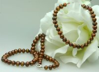 Echtes Zucht-Perlenset Kupfer/Braun 6mm Armband + Kette ca.45cm Armb.Stretch T05
