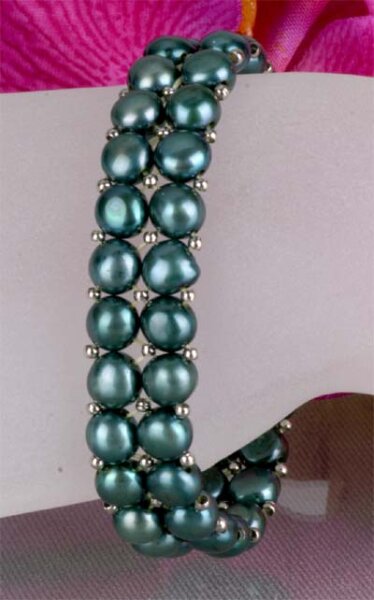 2-reihiges Süsswasser Zucht-Perlen Armband Grün mit silberfarb. Kugeln A203