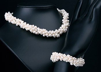 Echte Zucht-Perlen-Kette+Armband Set P043 weiß 3-reihig Perlen-Collier